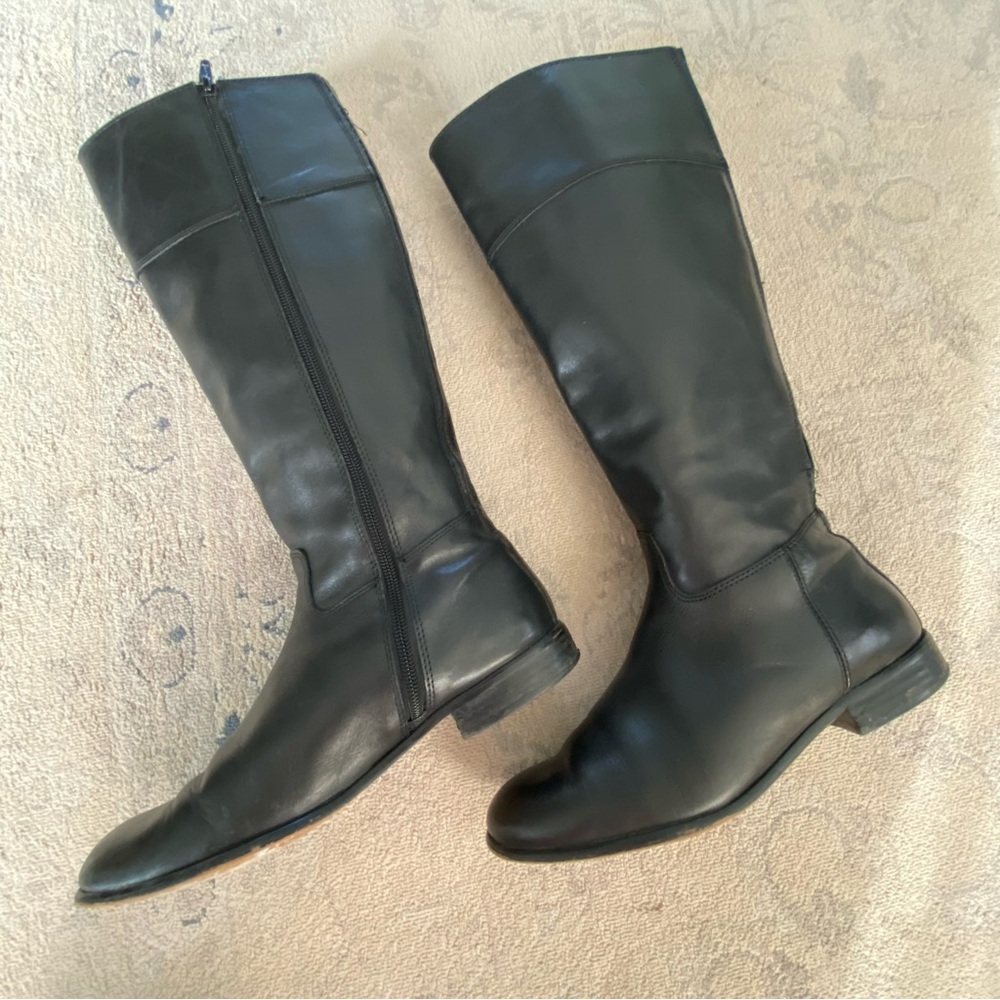 Corso Como 7.5 Leather Riding Boots Black Low Block Heel Side Zip
